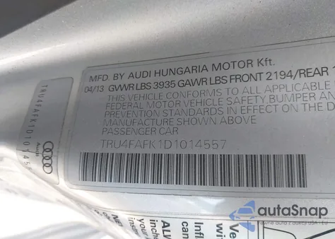 2013 Audi Tt 2.0T Premium Plus z USA, uszkodzony, nr VIN TRU4FAFK1D1014557